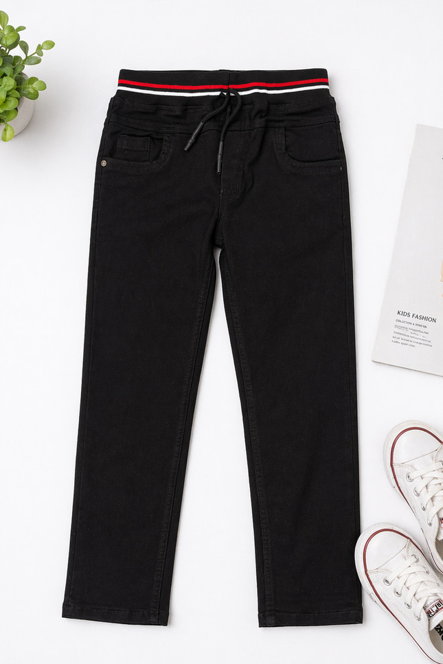 Boys Black Regular Fit Jeans with Elastic Waist & Drawstring