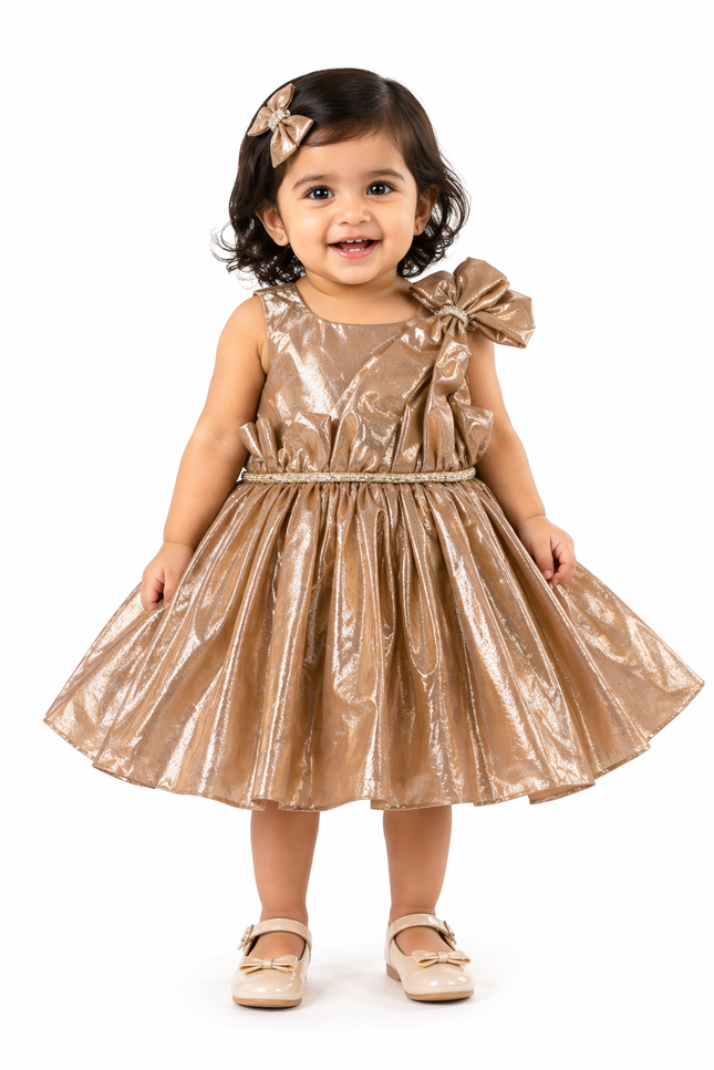 Golden Metallic Bow Party Dress for Girls
