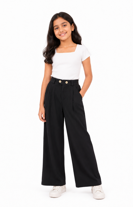 Girls' Black Wide-Leg Elastic Waist Pants
