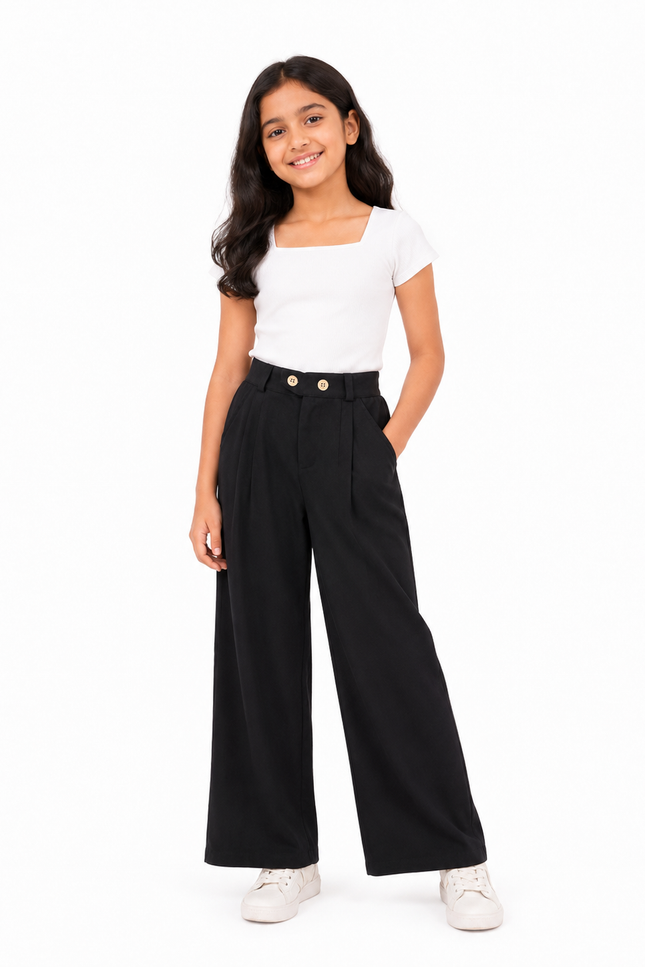 Girls' Black Wide-Leg Elastic Waist Pants