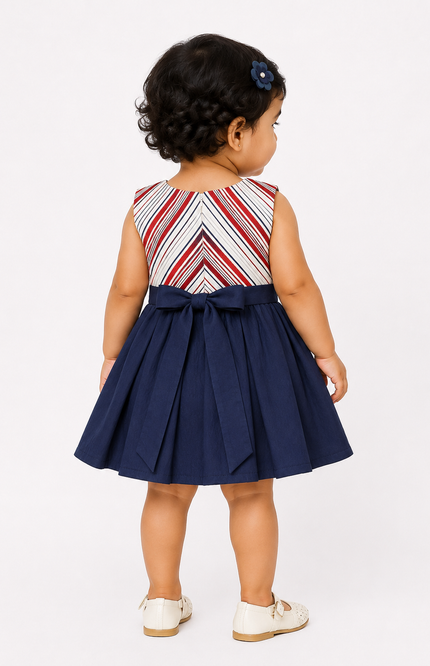Stripe Dress with Navy Pleated Skirt