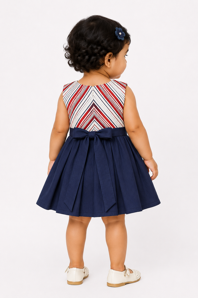 Stripe Dress with Navy Pleated Skirt