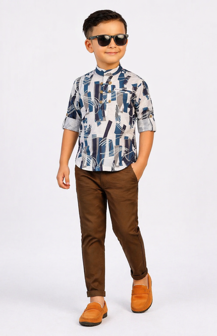 Boys' Blue & Grey Abstract Print Shirt and Slim-Fit Brown Trousers