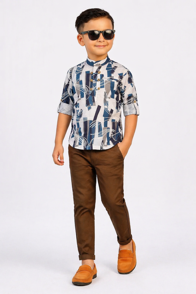 Boys' Blue & Grey Abstract Print Shirt and Slim-Fit Brown Trousers