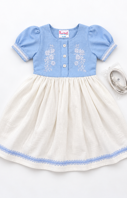 Girls’ Sky Blue & Ivory Embroidered Dress with Belt