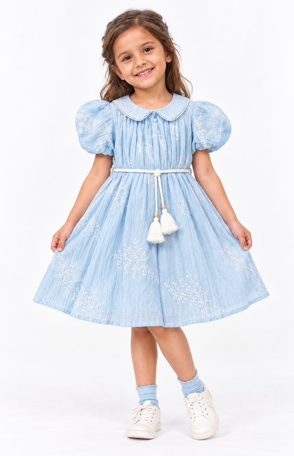 Girls’ Sky Blue Embroidered Dress with Tassel Waist Belt