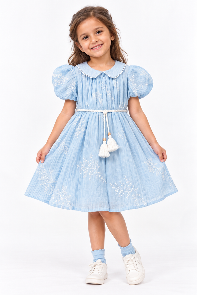 Girls’ Sky Blue Embroidered Dress with Tassel Waist Belt