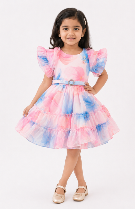 Girls' Pastel Floral Ruffle Party Dress with Waist Belt