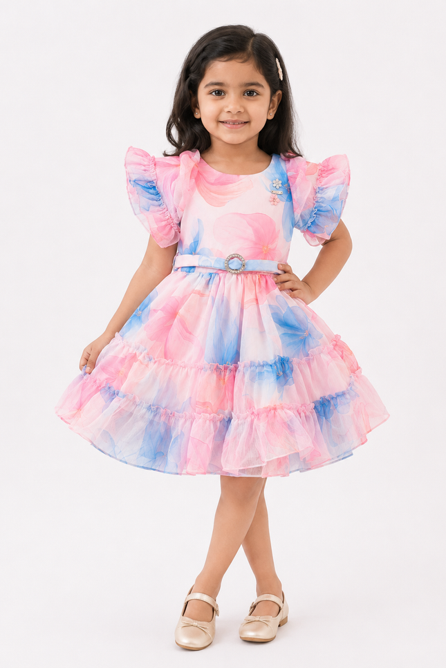 Girls' Pastel Floral Ruffle Party Dress with Waist Belt
