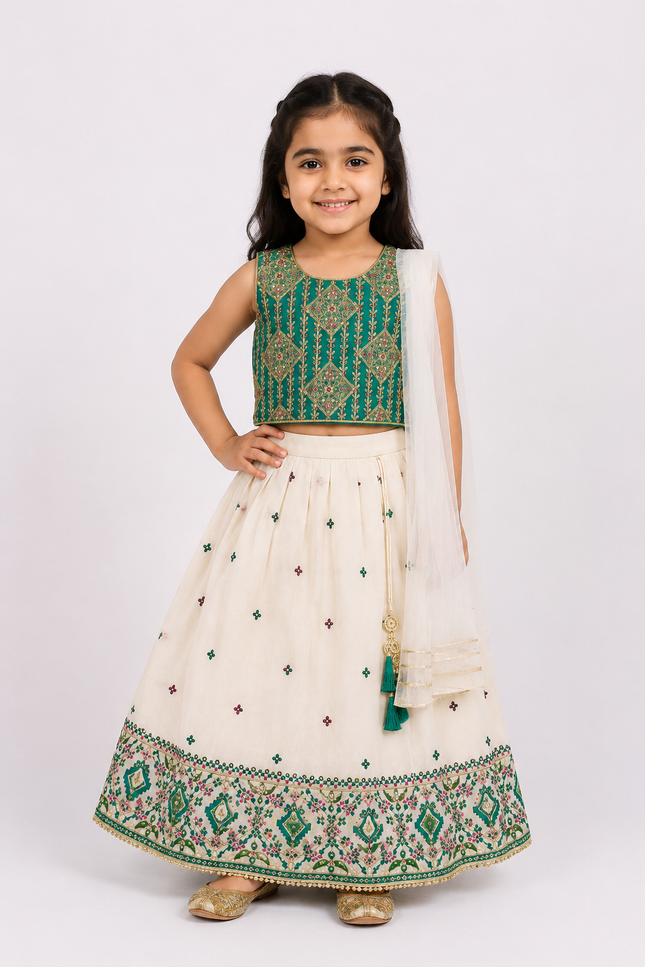 Emerald Festive Kids Lehenga Set with Embroidered Blouse & Dupatta