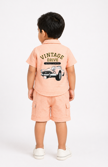 Boys Peach Vintage Drive Shirt & Shorts Set