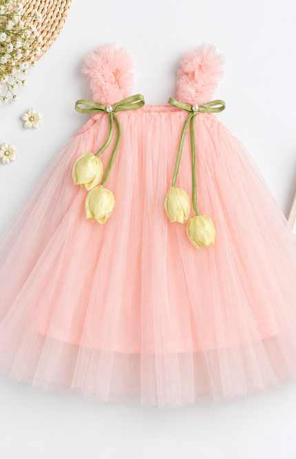 Girls Peach Tulle Party Frock with Floral Bow & Tulip