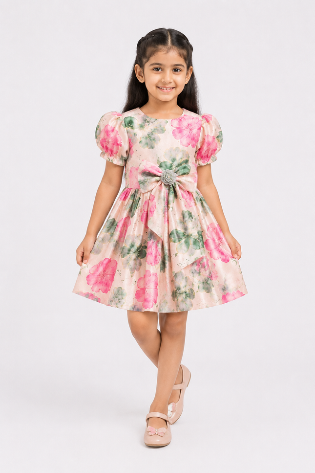 Cream Blush Bloom Puff Sleeve Party Dress
