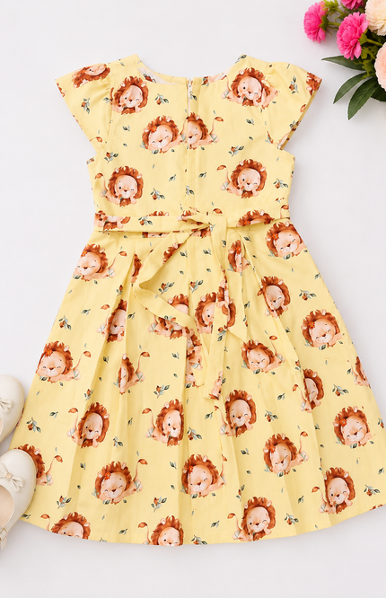 Cute Lion Print Girls Fit & Flare Dress with Belt