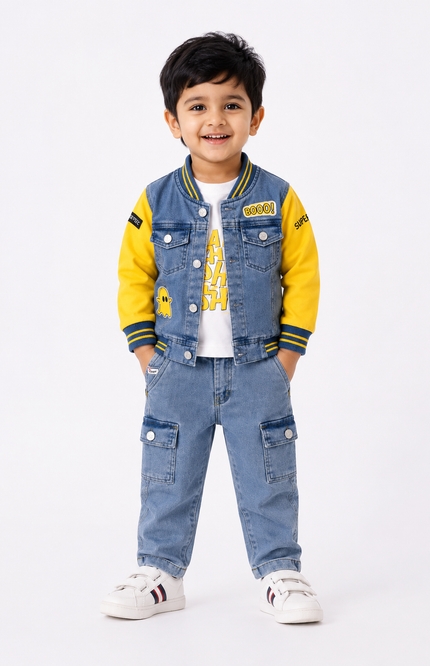 Denim Jacket Co-Ord Set with Graphic Tee & Cargo Jeans