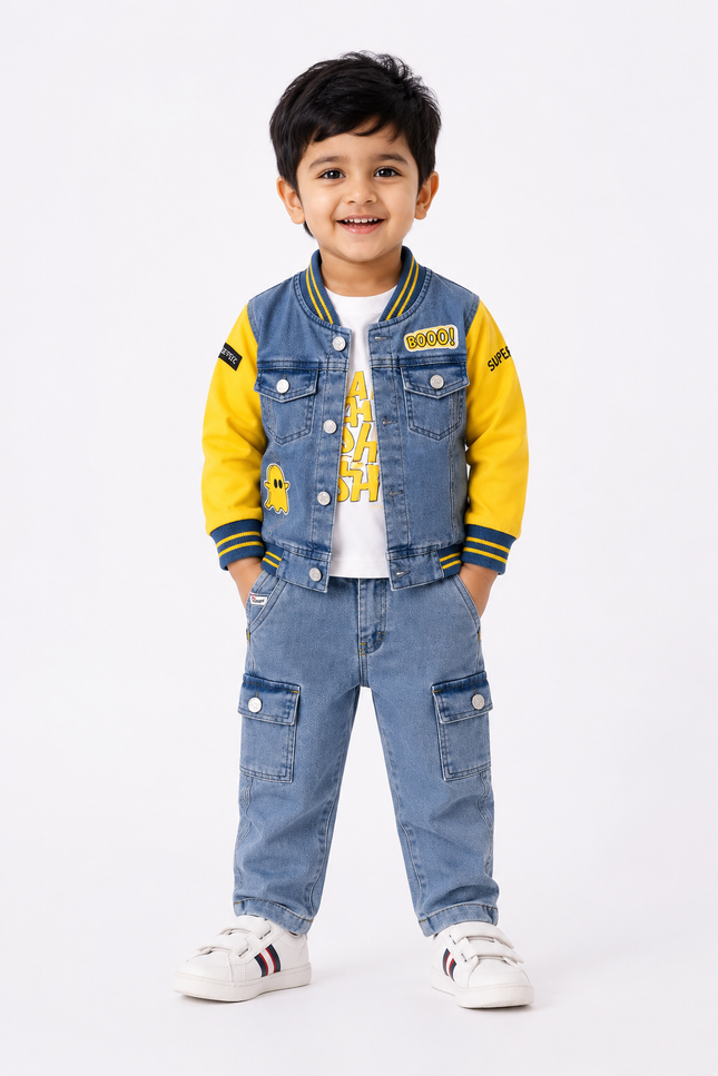 Denim Jacket Co-Ord Set with Graphic Tee & Cargo Jeans
