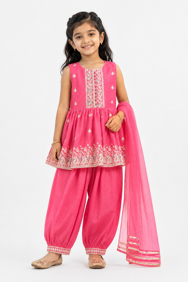 Pink Embroidered Kids Ethnic Kurta Set with Dupatta