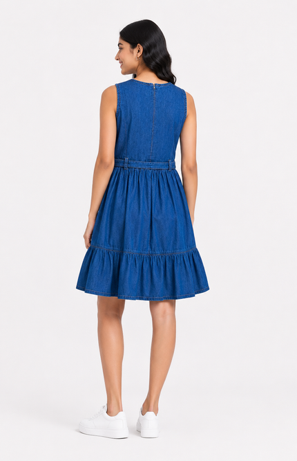 Girls’ Blue Denim Tiered Dress with Floral Embroidery