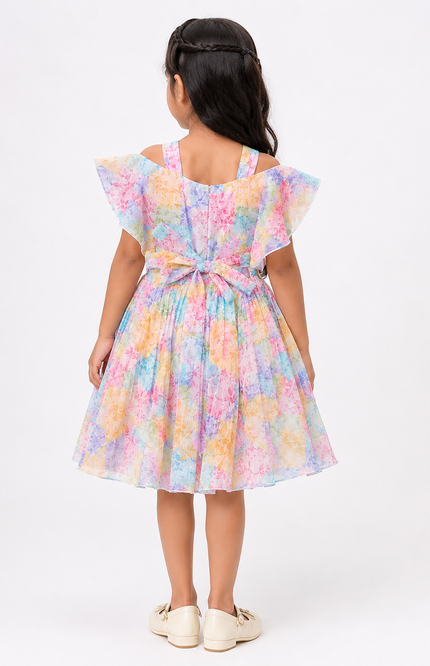 Floral Layered Flutter Sleeve Girls Dress