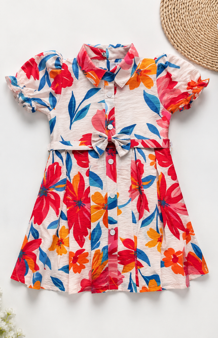 Tropical Floral Puff Sleeve Shirt Dress