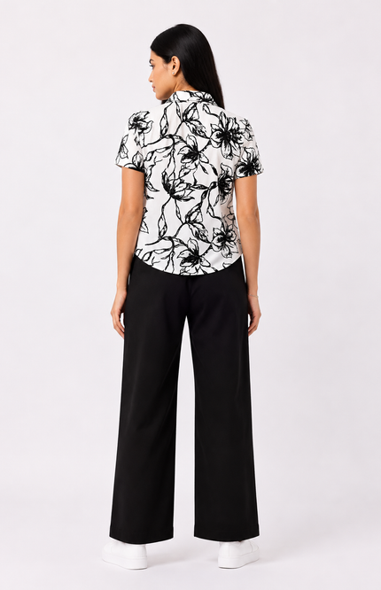 Black Floral Print Short-Sleeve Shirt