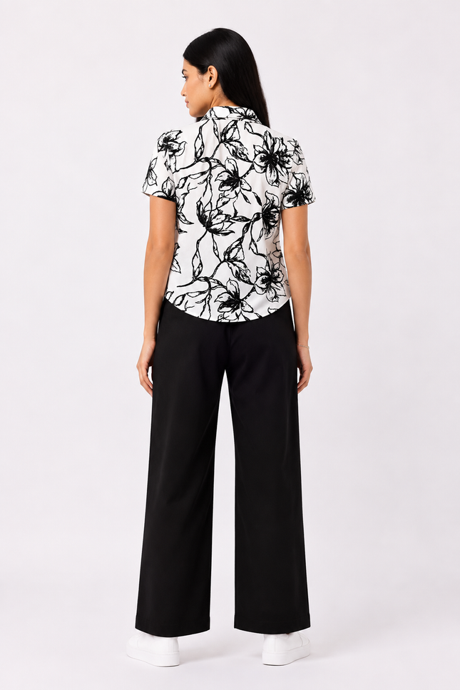 Black Floral Print Short-Sleeve Shirt