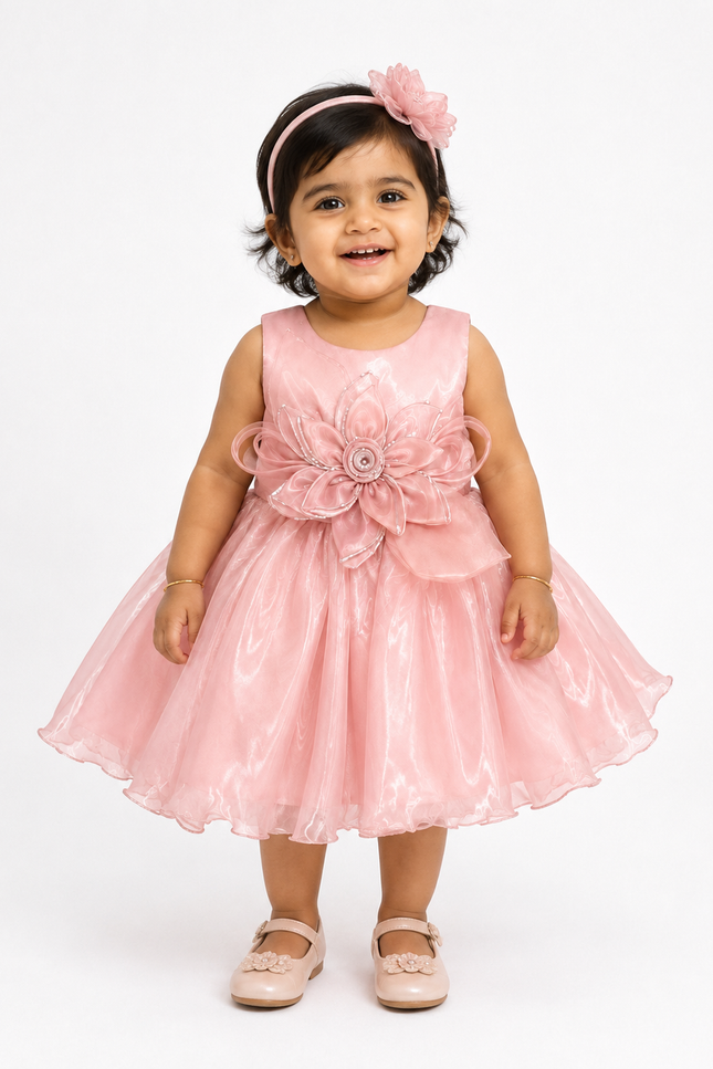 Organza Party Dress with Floral Waist Appliqué