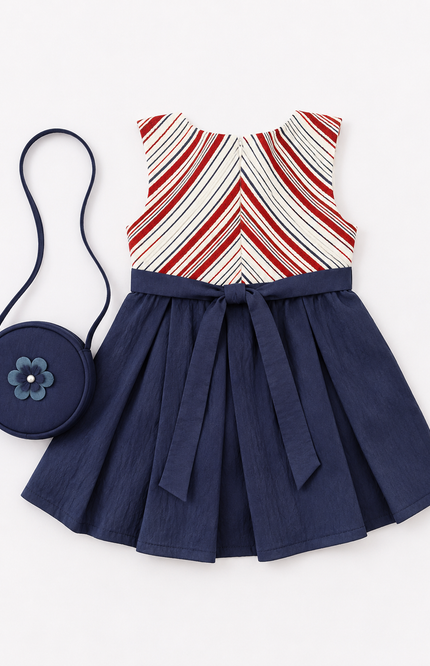 Stripe Dress with Navy Pleated Skirt