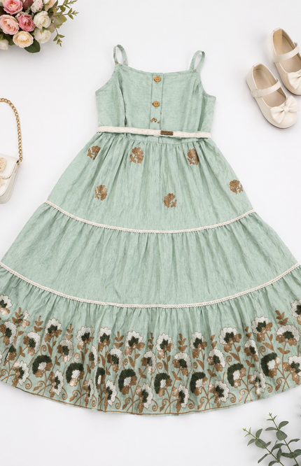 Mint Green Embroidered Tiered Kids Dress with Jacket