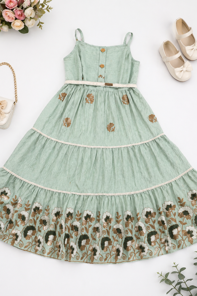 Mint Green Embroidered Tiered Kids Dress with Jacket