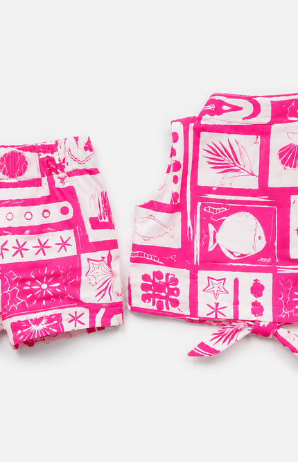 Pink Tropical Print Tie-Up Shirt & Shorts Co-Ord Set