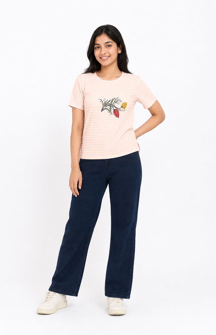 Peach Textured Ribbed girls T-Shirt