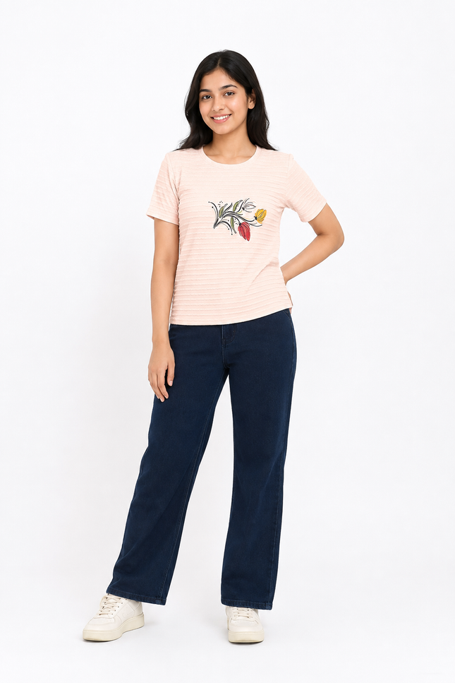 Peach Textured Ribbed girls T-Shirt