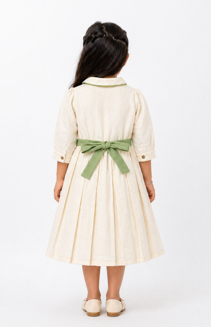 Elegant Cream Kids Dress with Green Waist Bow