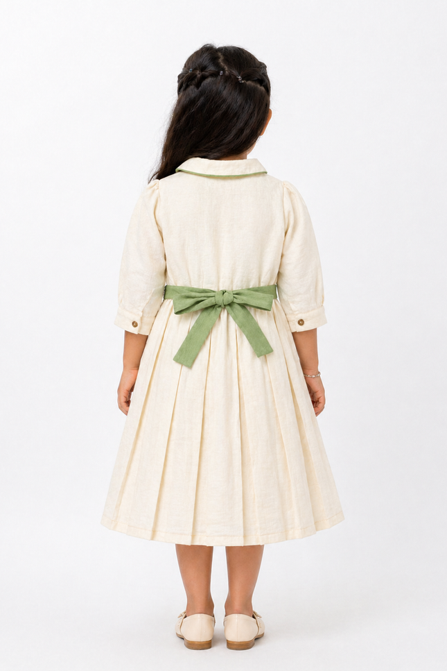 Elegant Cream Kids Dress with Green Waist Bow