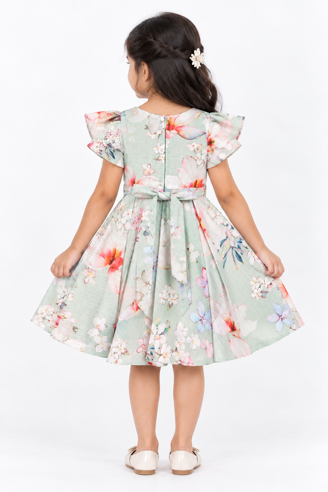 Girls’ Mint Green Floral Printed Dress with Waist Belt