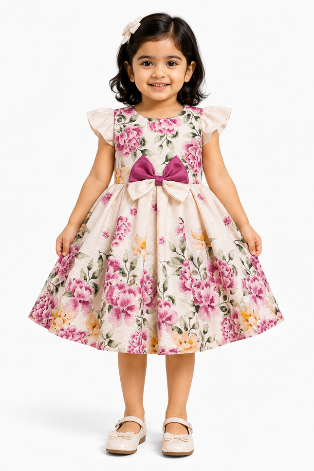 Girls Floral Print Party Dress with Bow