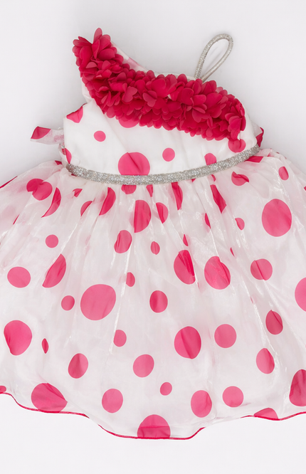 Girls White & Pink Polka Dot One-Shoulder Party Dress