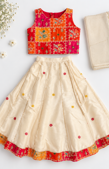 Red & Cream Festive Embroidered Lehenga Set for Girls