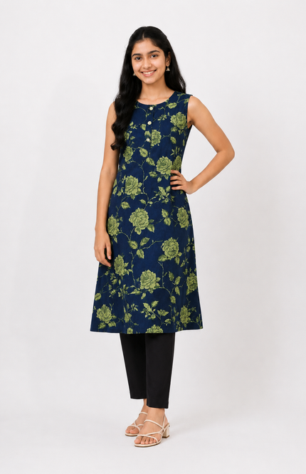 Navy Blue Floral Print Sleeveless Kurti