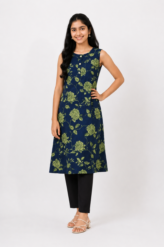 Navy Blue Floral Print Sleeveless Kurti