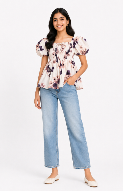 Floral Puff-Sleeve Smocked girls top