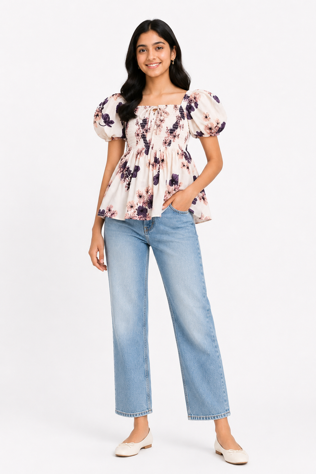 Floral Puff-Sleeve Smocked girls top