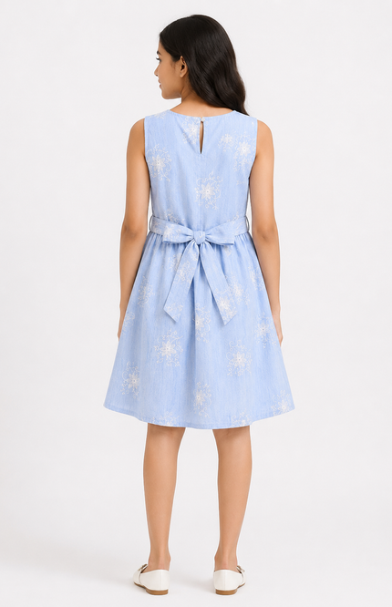 Girls Floral Embroidered Sleeveless A-Line Dress with Waist Belt