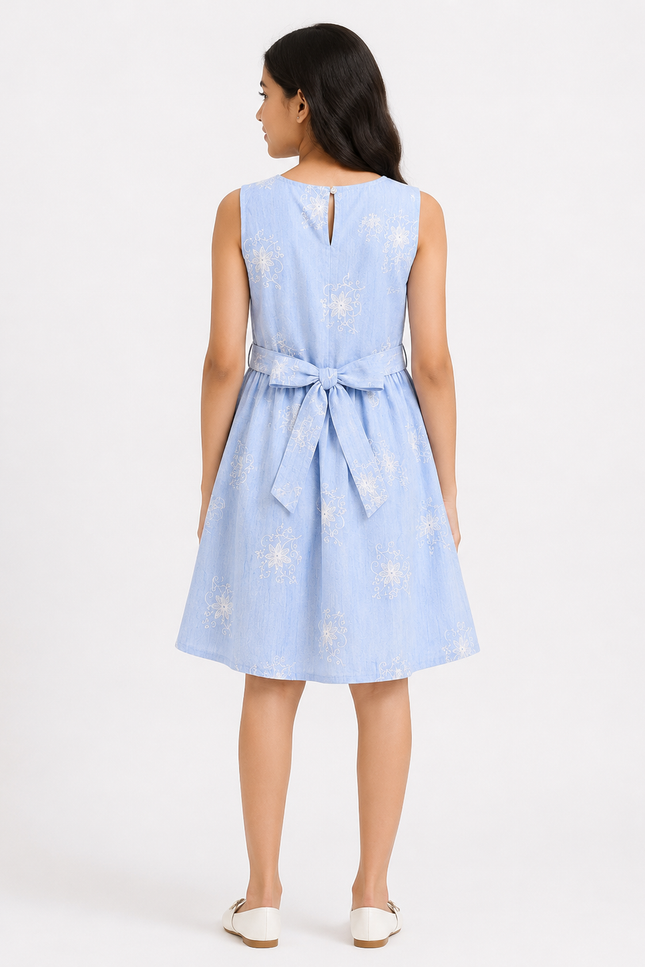 Girls Floral Embroidered Sleeveless A-Line Dress with Waist Belt