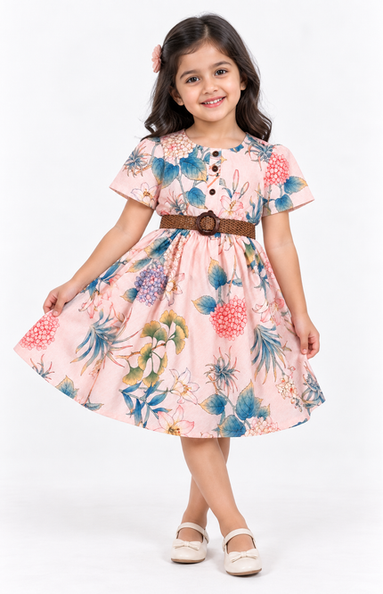 Girls’ Peach Floral Printed Fit & Flare Dress with Woven Belt