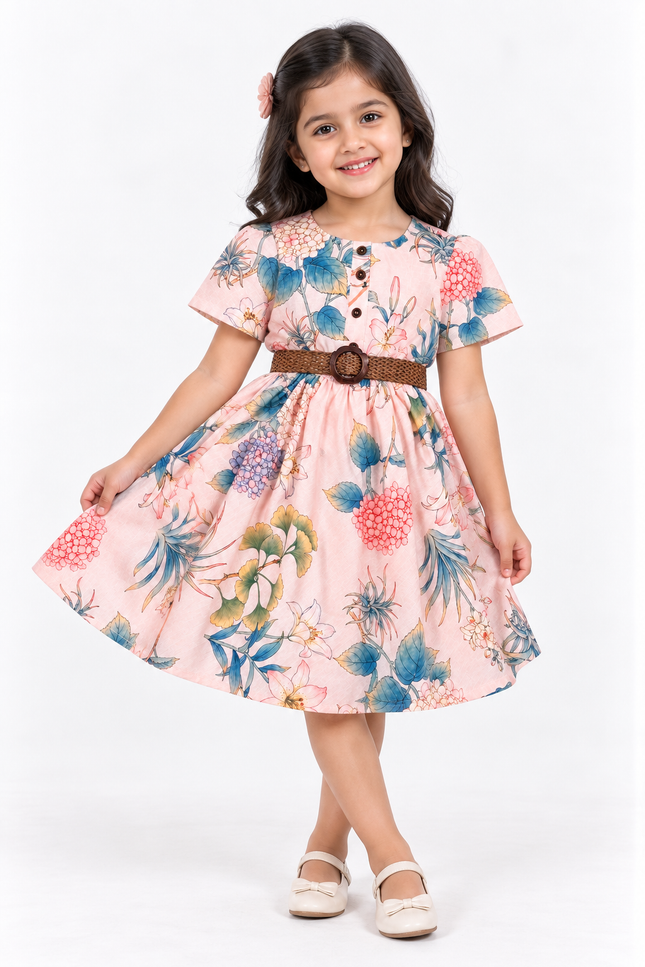 Girls’ Peach Floral Printed Fit & Flare Dress with Woven Belt