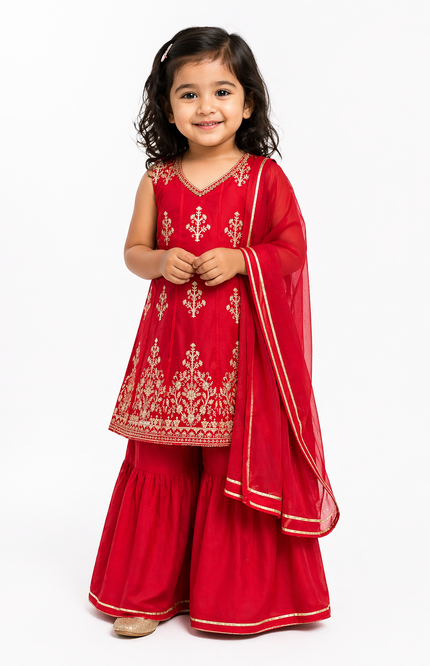 Girls Festive Rani Kurti Palazzo Set with Dupatta