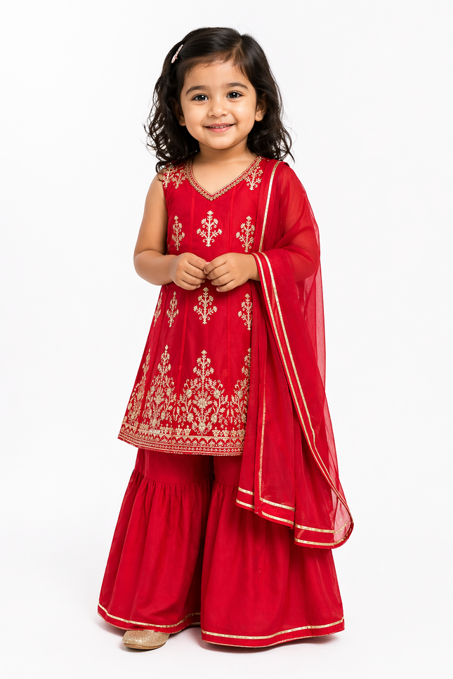Girls Festive Rani Kurti Palazzo Set with Dupatta