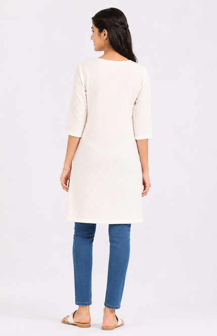 Girls White Textured Straight Kurti